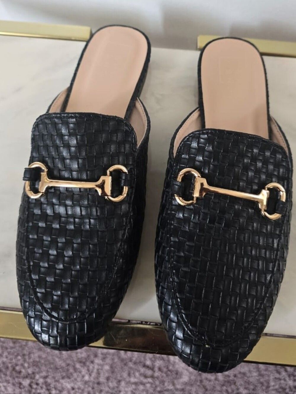 Topshop Black Woven Slip-On Mule with Gold Horsebit. Size 7